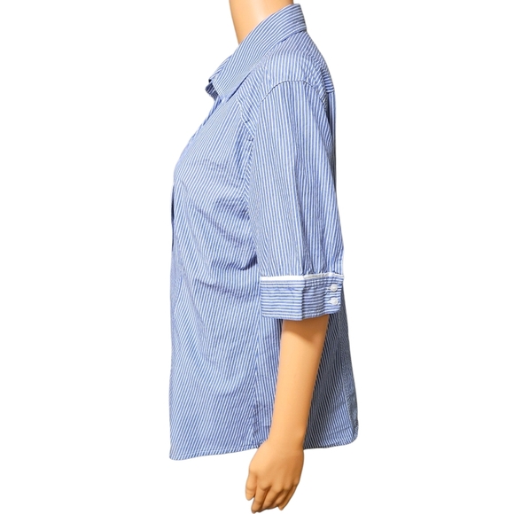 Chico's Blue White Stripe Button Front Shirt 2 / L Cotton Piping Coastal Preppy - Picture 2 of 13